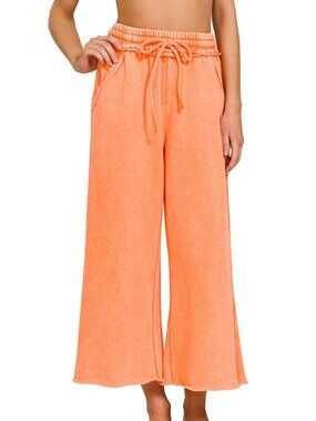NTW Ladies Light Orange Acid Wash Fleece Palazzo Drawstring Waist Sweatpants